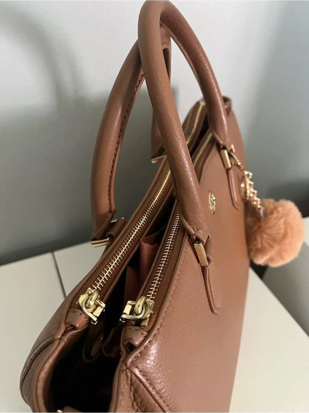 Tory Burch Tan Pebbled Leather Satchel with Wallet and Pom Charm